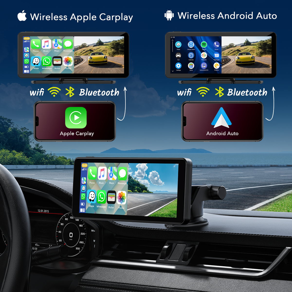 Volam Ecran A-pple Carplay Voiture Android Auto Sans Fil Avec 2.5K Dashcam Voiture Avant Et