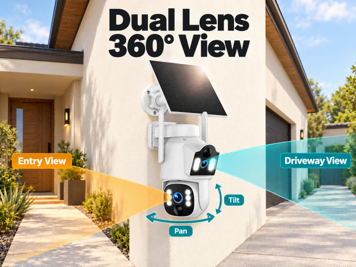 Dual lens dual coverage security camera views