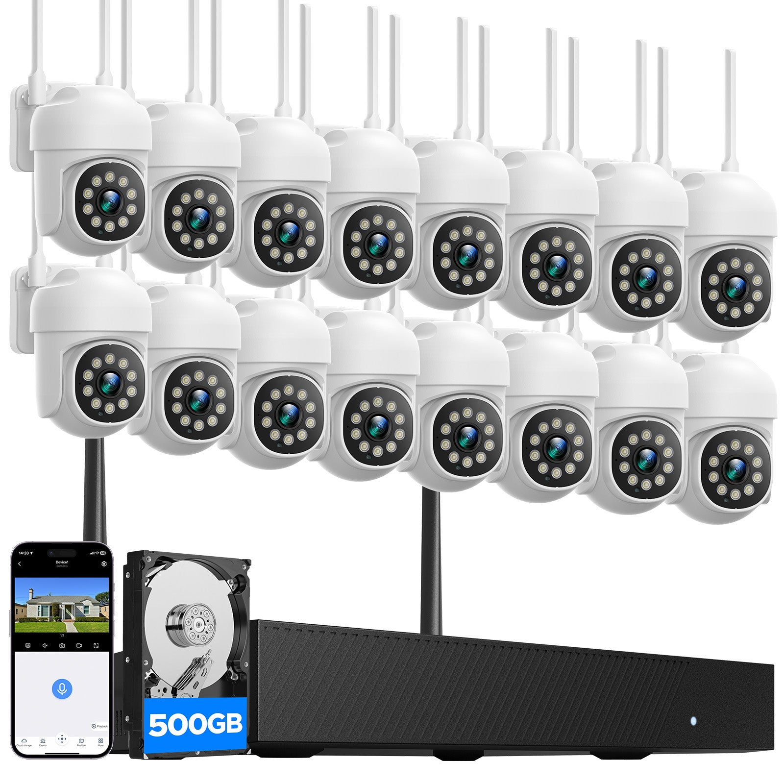 SC54 Wireless Security Camera System, NVR Surveillance Kit, Up to 16CH NVR PTZ, Free 500GB Storage