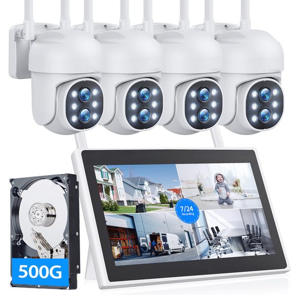 2K Security Camera System 10CH Expandable Home Dual Lens Cams with 10.1'' LCD Monitor and Color Night Vision