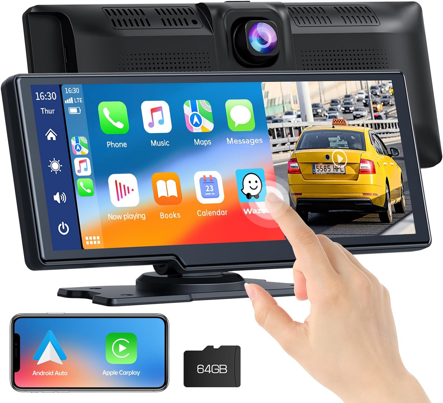 9.26" Wireless Car Stereo Apple Carplay with 2.5K Dash Cam, 1080P Backup Camera, GPS Navigation, Bluetooth, AirPlay, AUX/FM, Siri