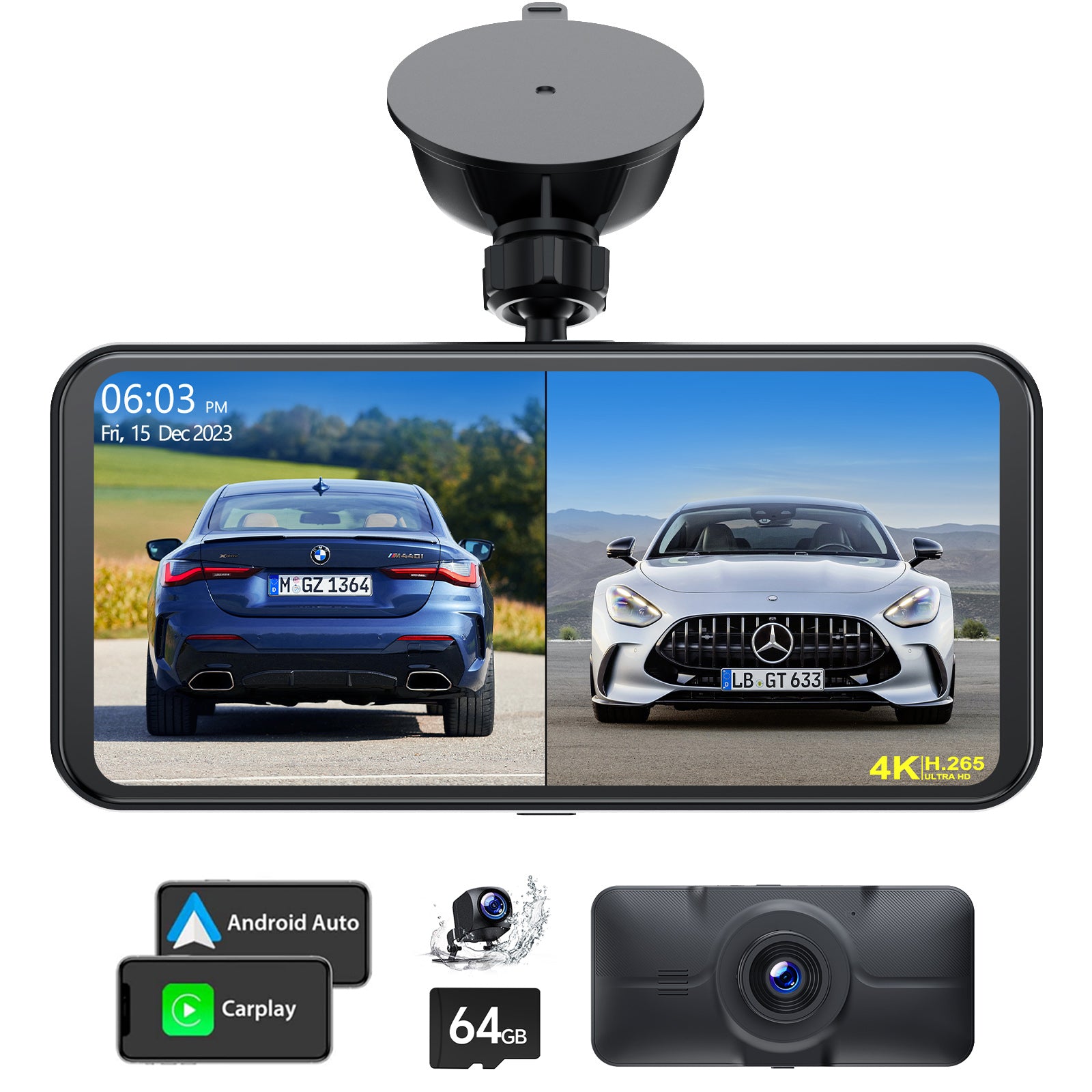 6.28'' Car Stereo Wireless Apple Carplay & Android Auto with 4K Dash Cam and 1080P Backup Camera, Pack Assist & Loop Recording