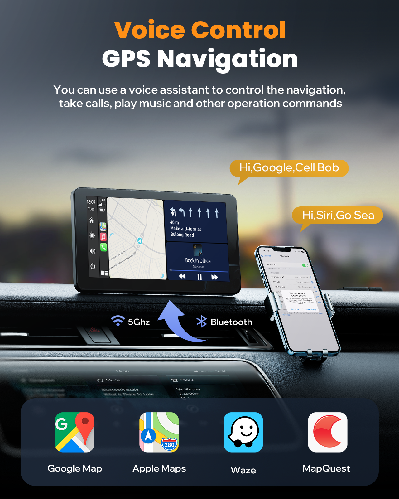  Portable Wireless Car Stereo Apple Carplay with 7''HD Touch Screen, Car Radio Receiver with GPS Navigation