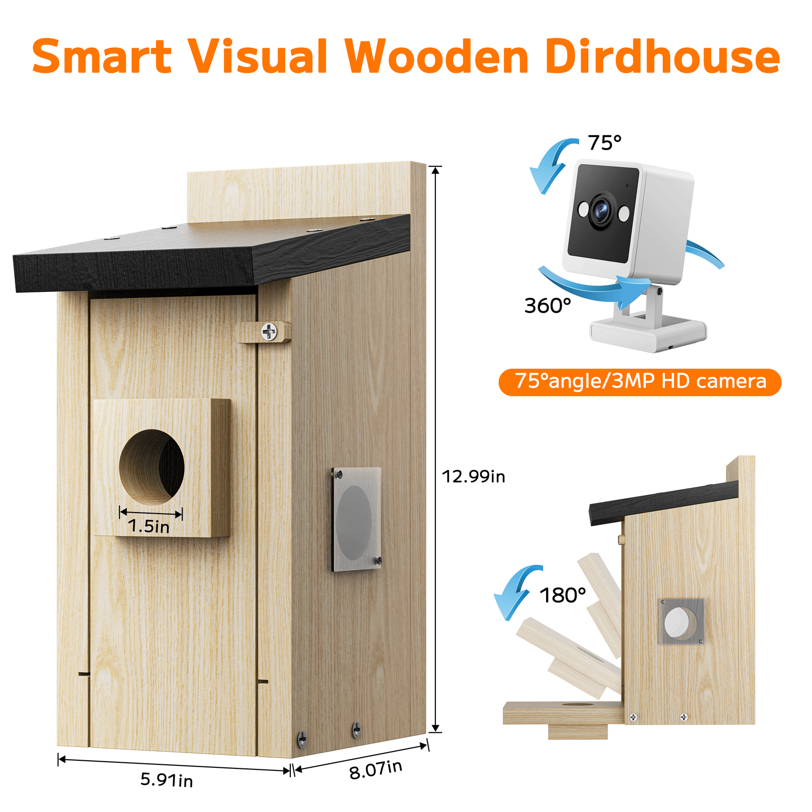 Birdhouse Video Ramp Campark BH10 3MP Smart Wooden Bird House with Camera Two-way Audio Nig ...