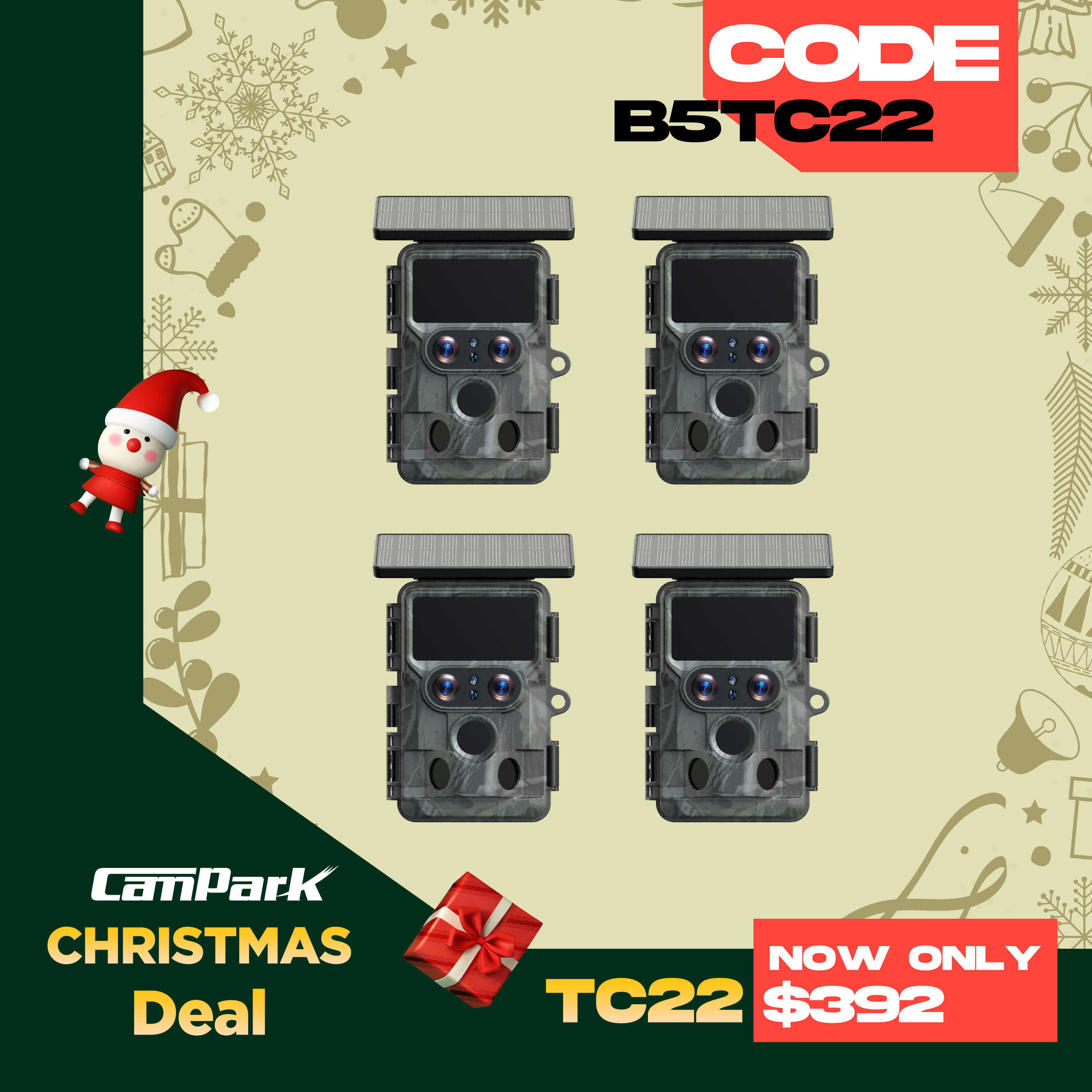 Campark TC22 4K Wildkamera, WiFi, Doppelobjektiv, Solar-integrierte Wildkamera mit Starlight-Nachtsicht 