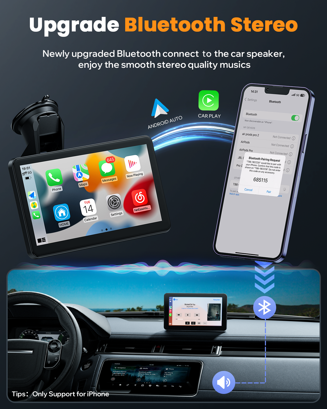  Portable Wireless Car Stereo Apple Carplay with 7''HD Touch Screen, Car Radio Receiver with GPS Navigation