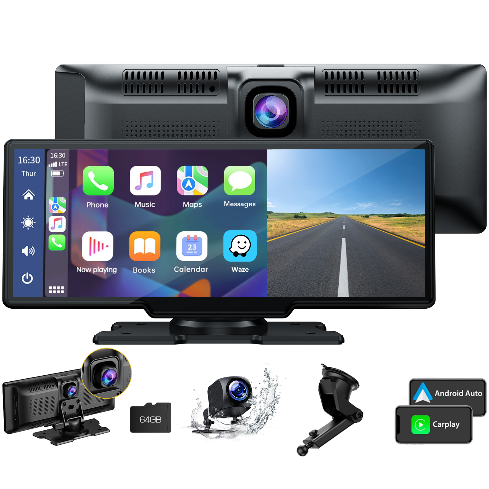 9.26" Wireless Car Stereo Apple Carplay with 2.5K Dash Cam, 1080P Backup Camera, GPS Navigation, Bluetooth, AirPlay, AUX/FM, Siri