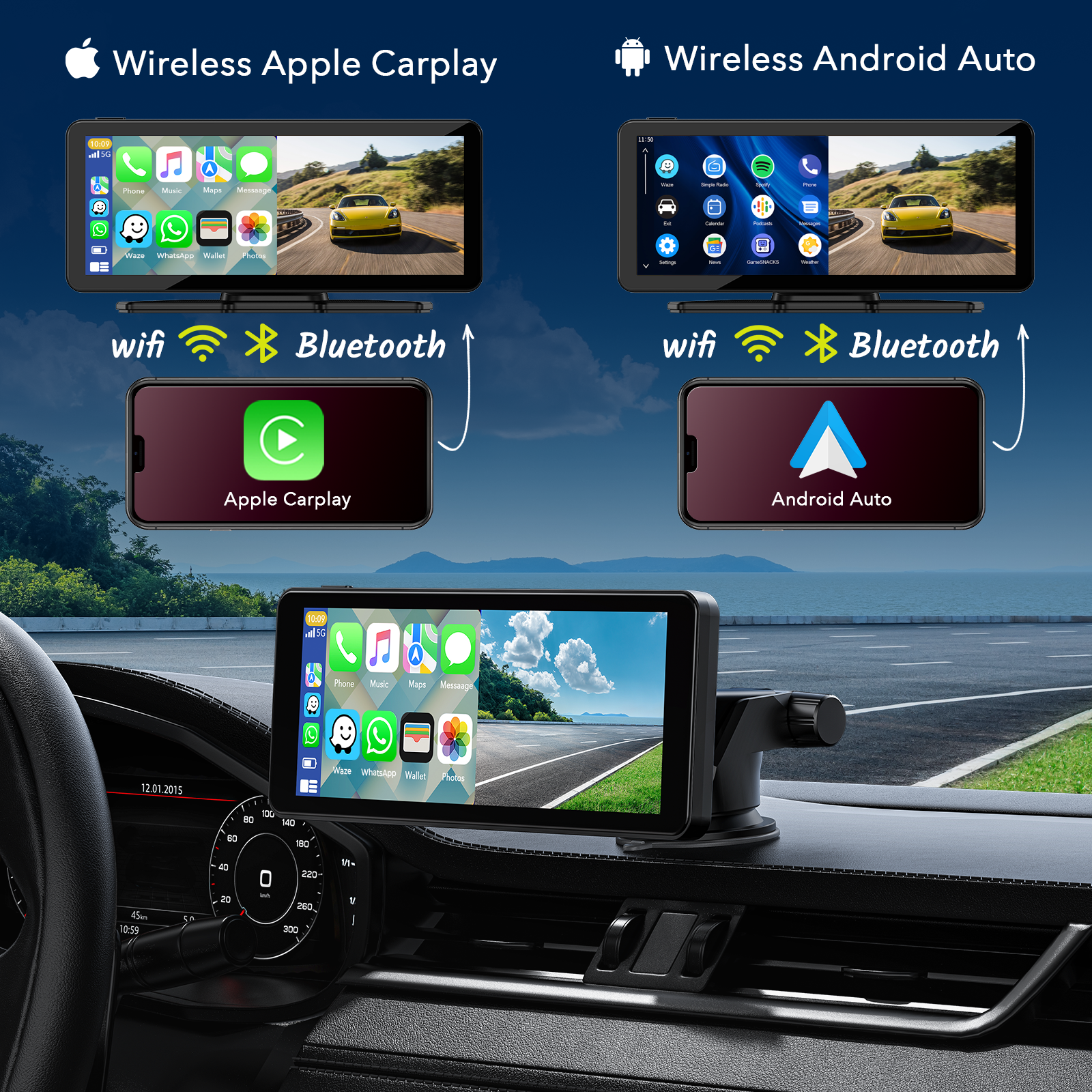 Campark 6.86'' Portable Wireless Apple Carplay Car Stereo with 1080P Backup Camera, Android Auto, GPS Navigation, Mirror Link/Siri/FM/Bluetooth