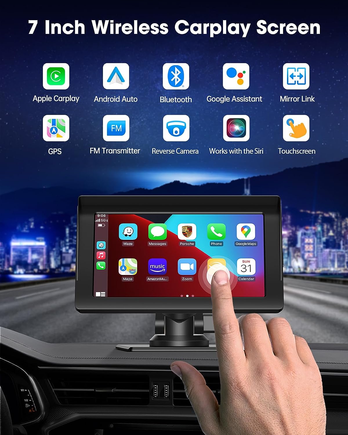 CAMPARK Wireless Apple Carplay Car Stereo, Portable Dash Mount Android Auto  Car Play Screen, 7 Inch Touchscreen Radio Receiver with Siri/Google  Assistant, GPS Navigation, Bluetooth Muisc, FM 