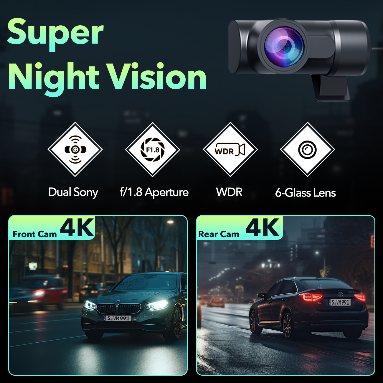 Dashcam Voiture - Caméra pour Voiture Quadruple Objectif avec Vision N