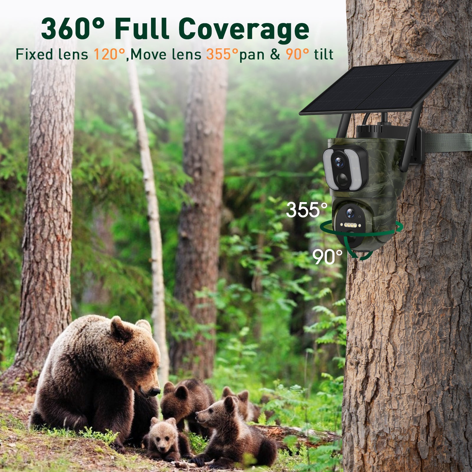 4G LTE 1080P Dual Lens Trail Camera with Solar Power Panel, Watch in Real Time and No WiFi Limited, PIR Motion Detection