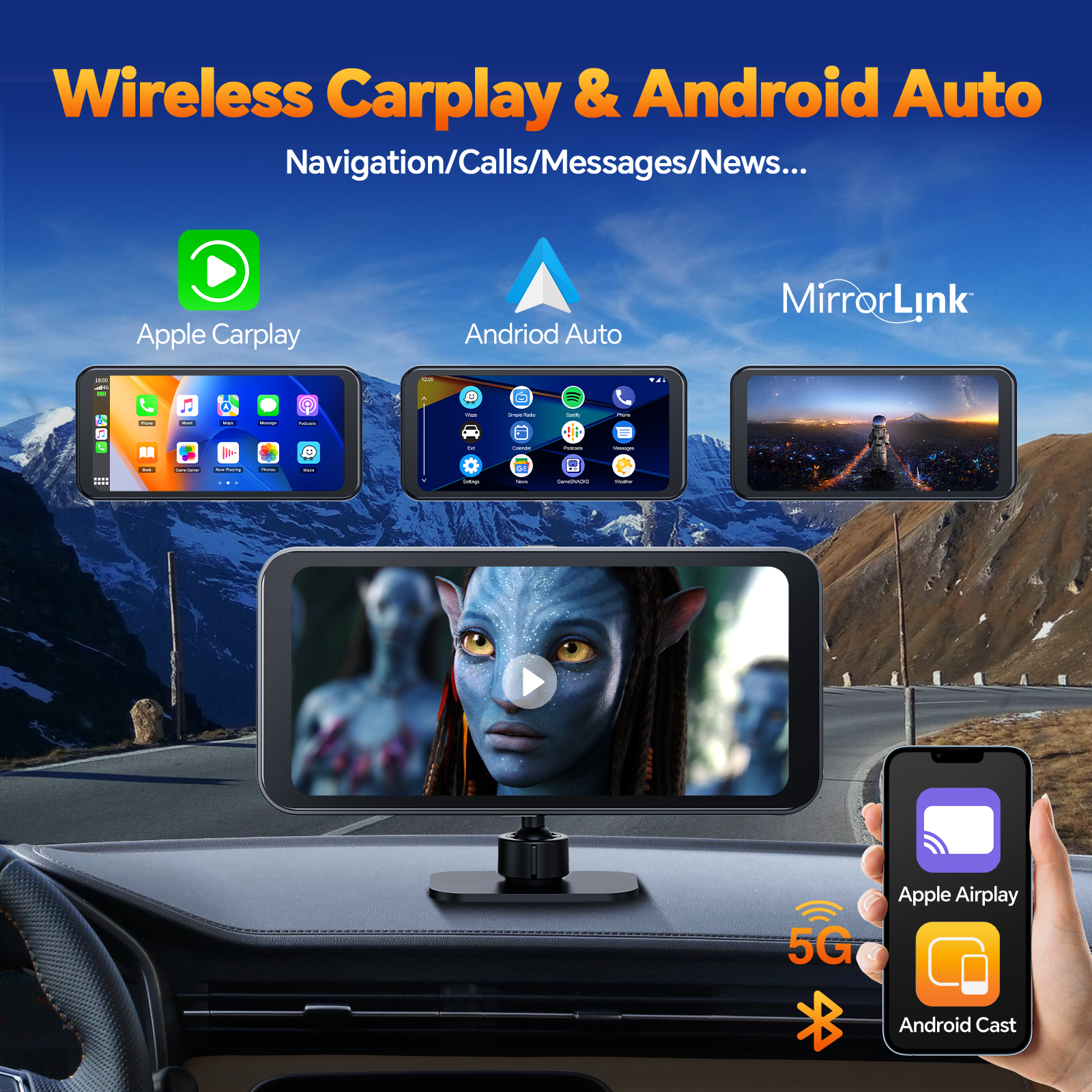  4K 1080P 6.28'' Dual Dash Camera Front and Rear with Apple Carplay & Android Auto, GPS Navigation, Loop Recording