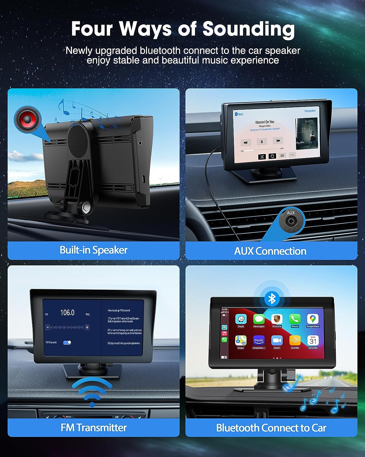 Portable 7 Inch Portable Wireless Car Stereo with Apple Carplay,1080P Reverse Camera, GPS Navigation, Airplay,Android Auto,Bluetooth,FM, Siri