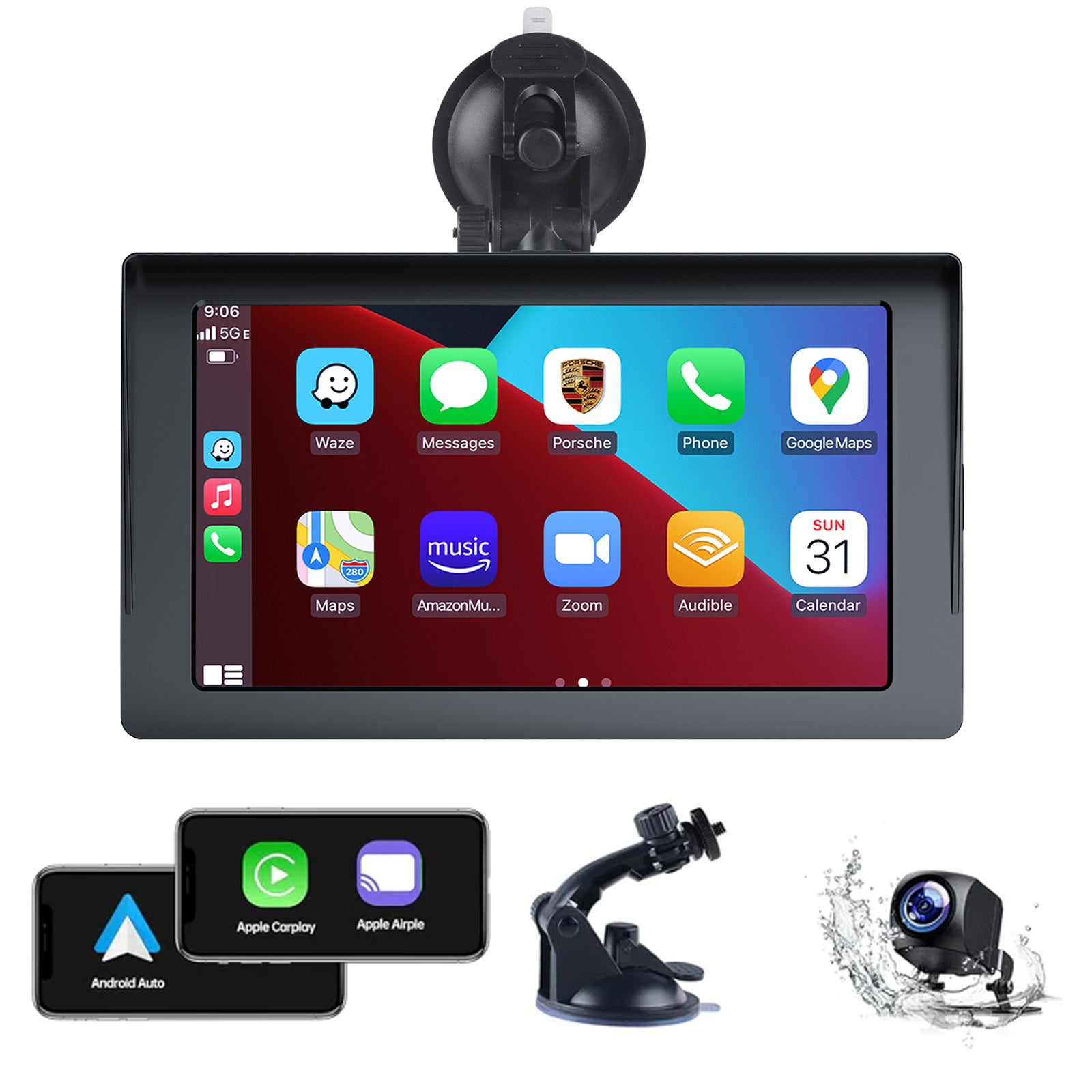 Portable 7 Inch  Wireless Car Stereo with Apple Carplay,1080P Reverse Camera, GPS Navigation, Airplay,Android Auto,Bluetooth,FM, Siri