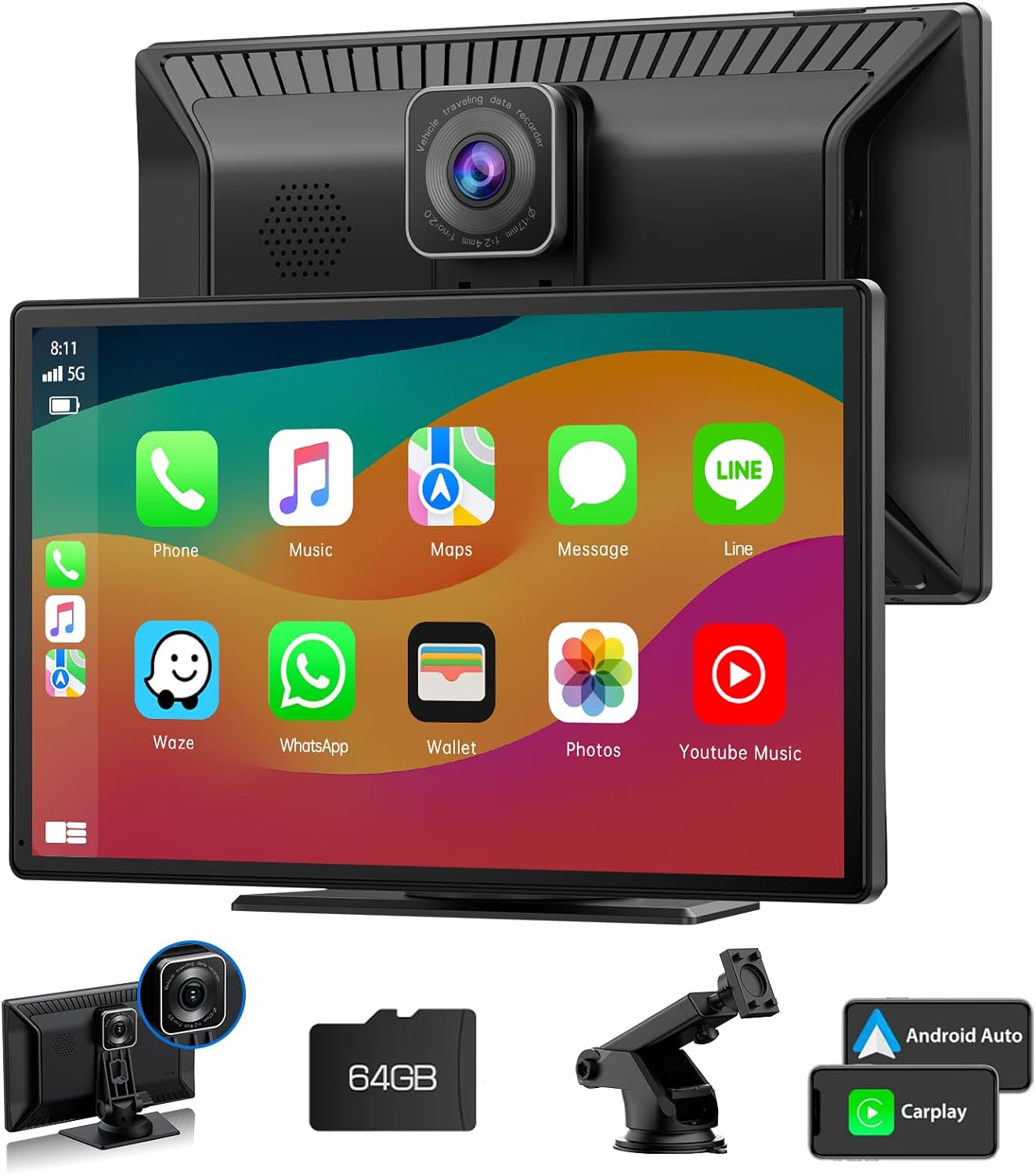 9''Car Stereo Wireless Apple Carplay & Android Auto with 2.5K Dash Cam & 1080P Backup Camera, Mirror Link and GPS