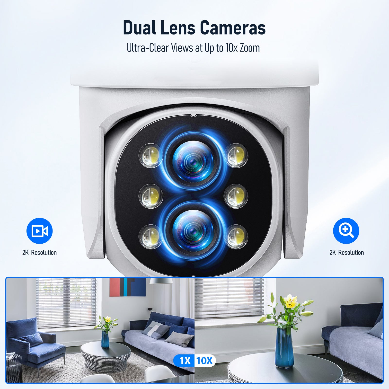 2K Security Camera System 10CH Expandable Home Dual Lens Cams with 10.1'' LCD Monitor and Color Night Vision