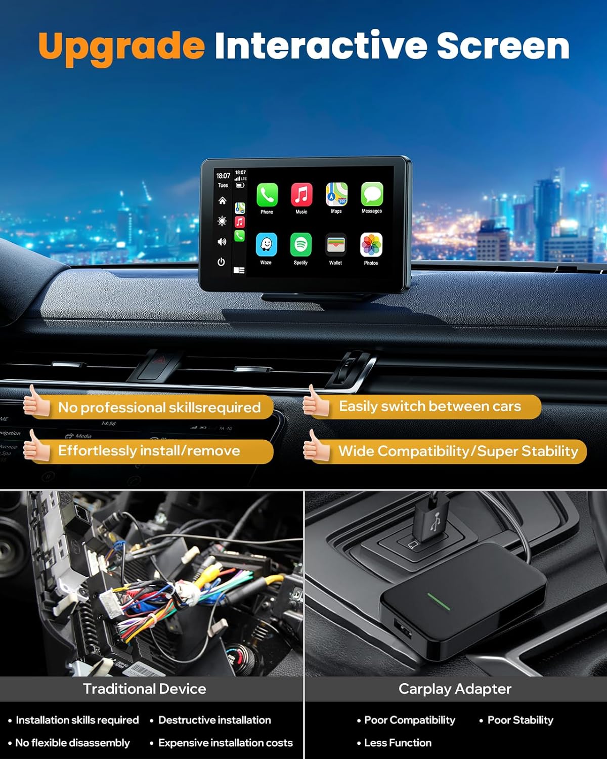 7" HD Wireless Car Stereo with Apple Carplay and 1080P Backup Camera, Android Auto Adapter with GPS Navigation, Bluetooth,Airplay