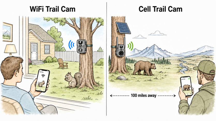 WiFi trail cameras are great for nearby areas, while cellular trail cameras help you monitor remote land where LTE coverage is available.