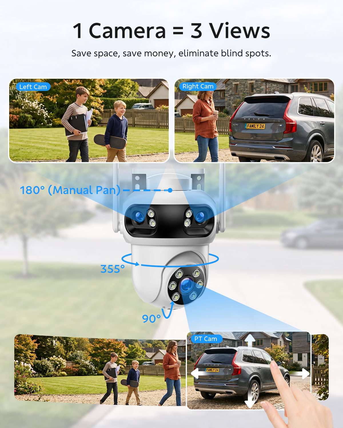 SC57 Triple Lens Wireless Security Camera System, 4 Cameras 12 Views, 10CH NVR Surveillance Kit, Free 500GB Storage