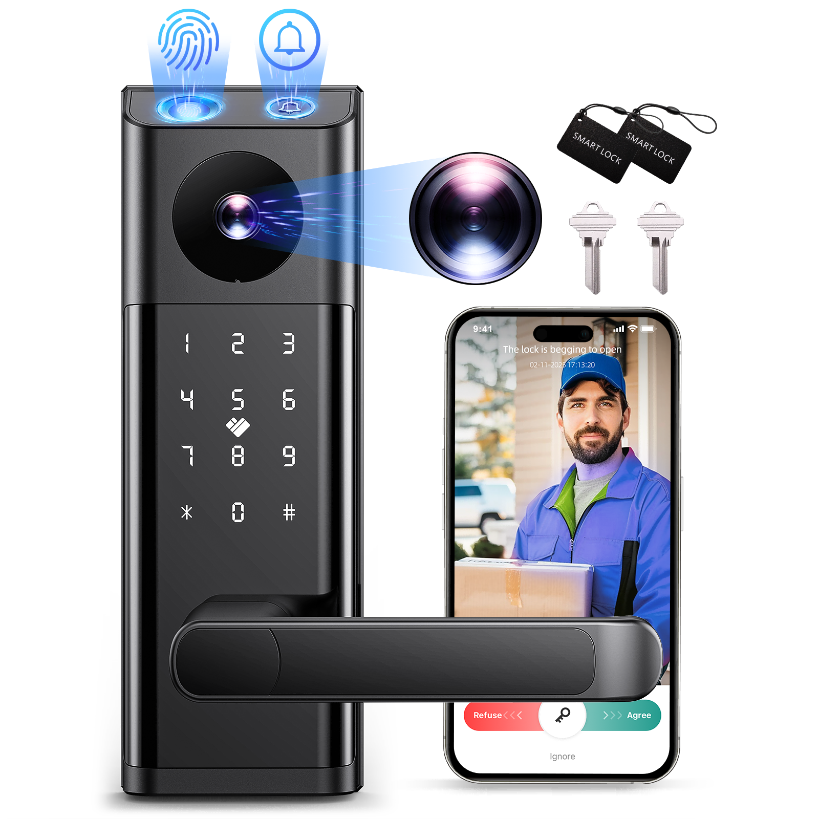 Lockbox Camera Video Smart Lock with Camera & Doorbell, 5-in-1 Keyless Entry Door Loc ...