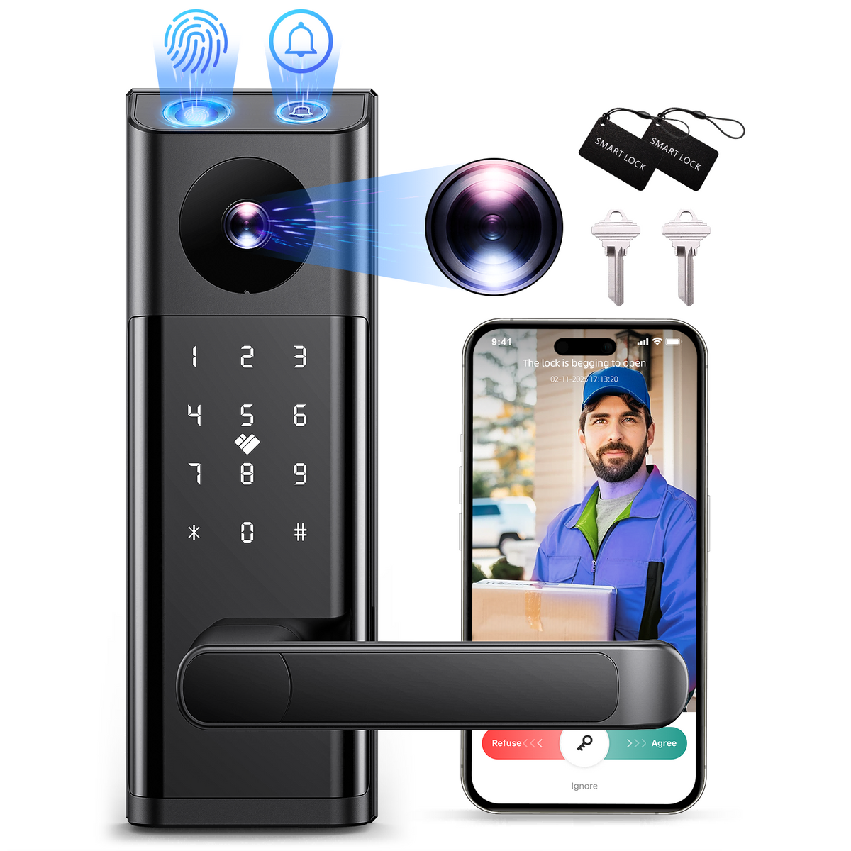 Video Smart Lock with Camera & Doorbell, 5-in-1 Keyless Entry Door Loc ...
