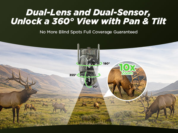 Dual-lens cellular trail camera with wide pan and tilt coverage