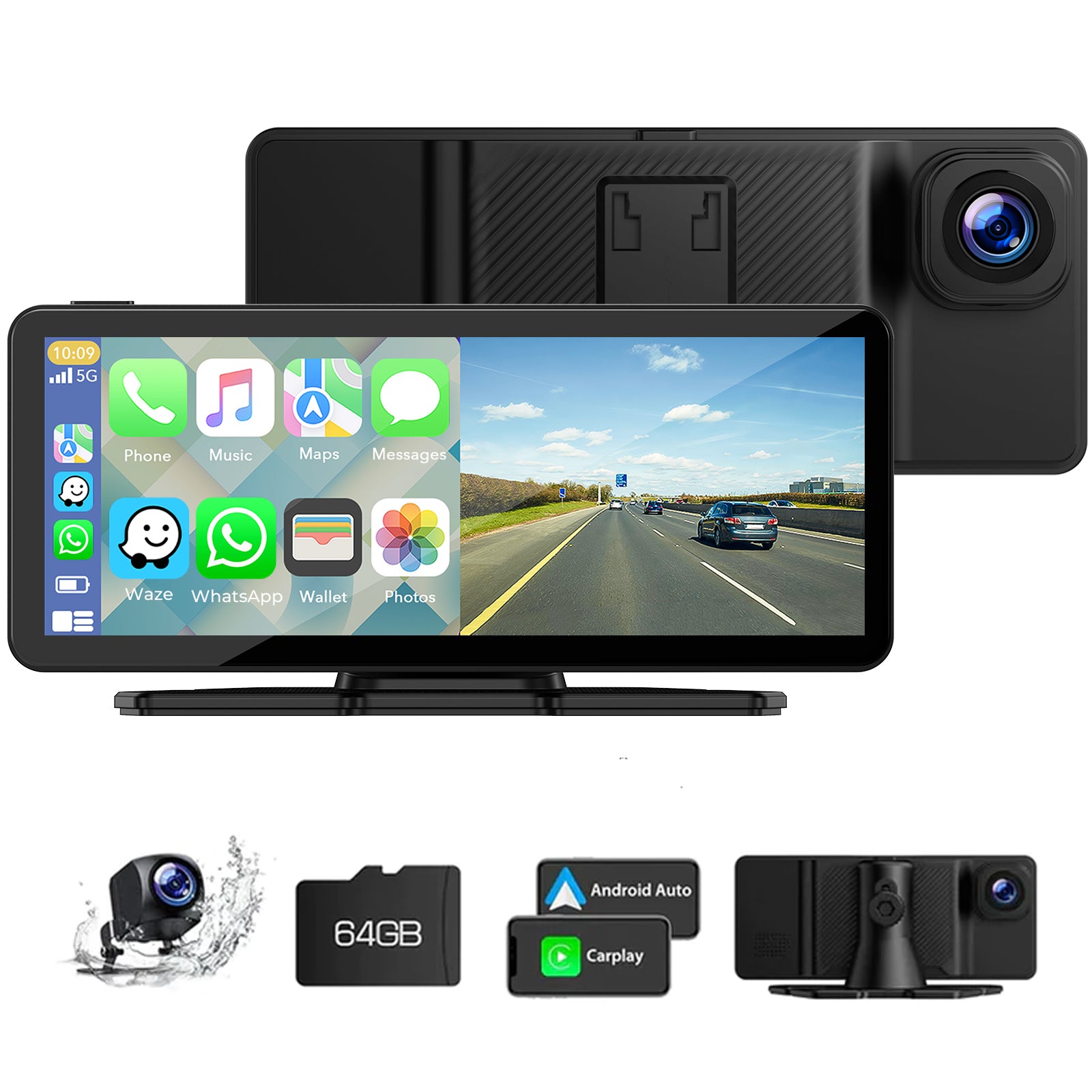 Campark Portable Wireless Car Stereo with Carplay, Front 2.5K + Rear 1080P, Android Auto, GPS, AirPlay, AUX/FM, Comes with a 64GB memory card