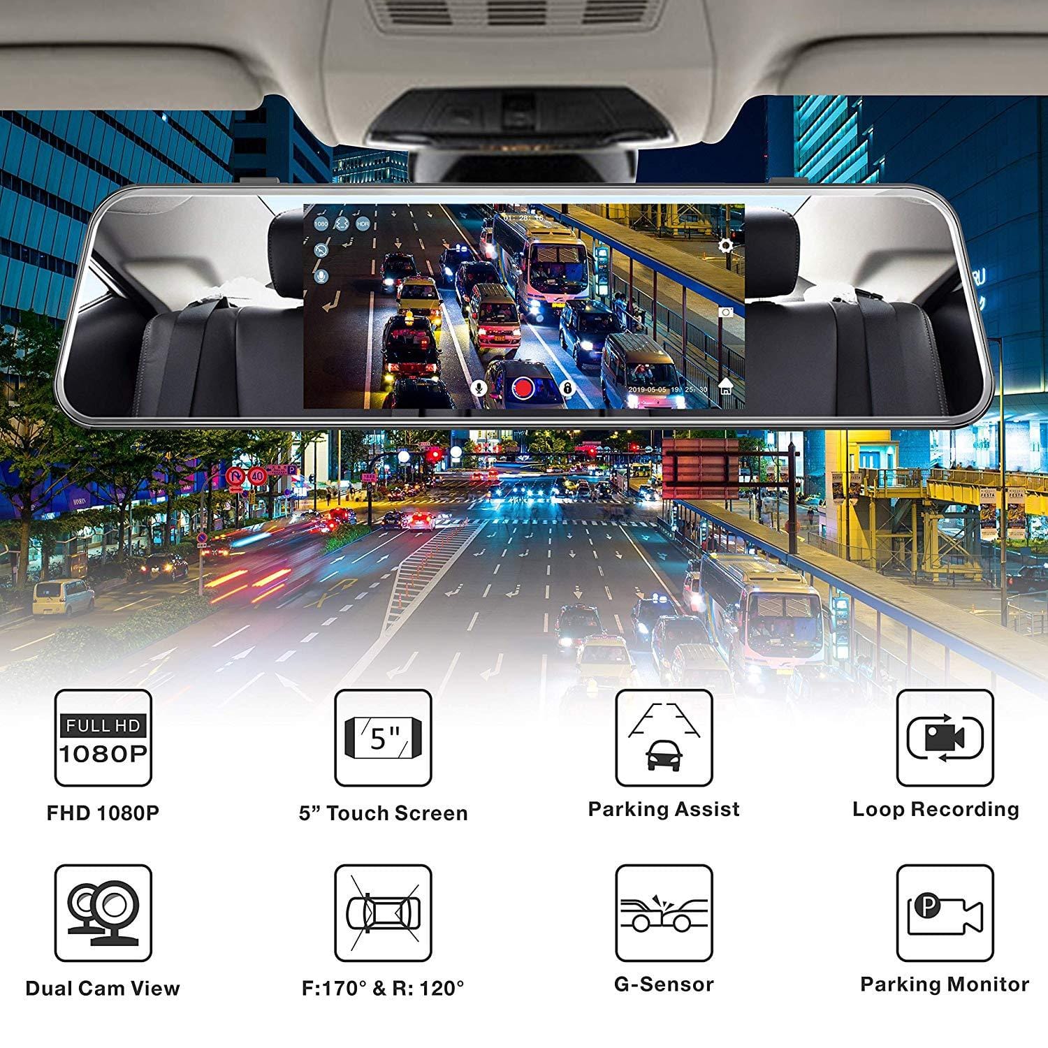 Campark R5 Video Streraming Rearview Mirror Dual 1080P Touch Screen Dash Cam and Backup Camera