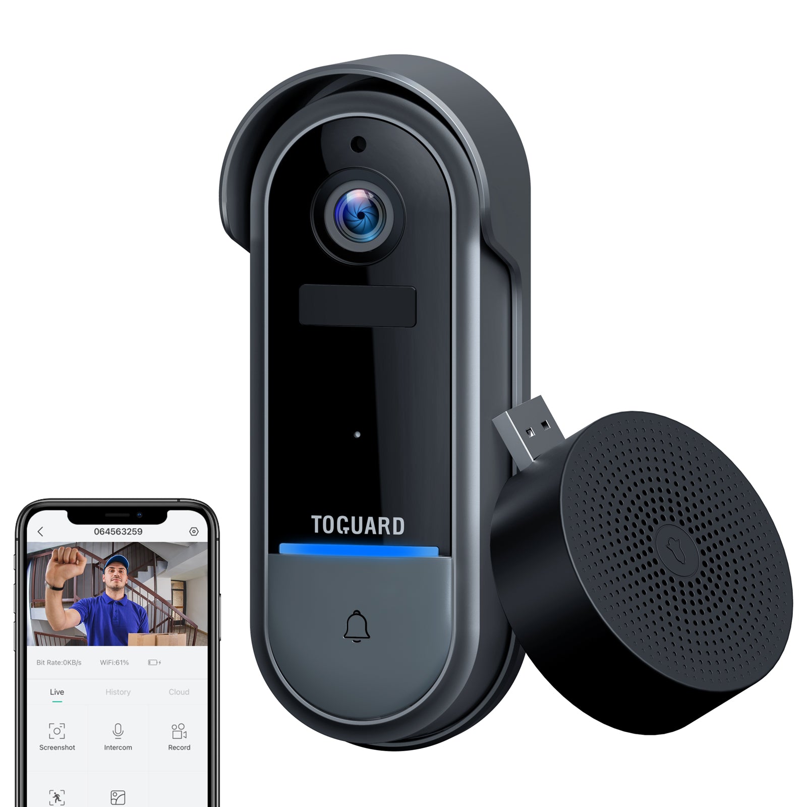 TOGUARD DB30 Videocamera per campanello video1080p WiFi HD Videocamera per campanello anteriore intelligente per la sicurezza domestica