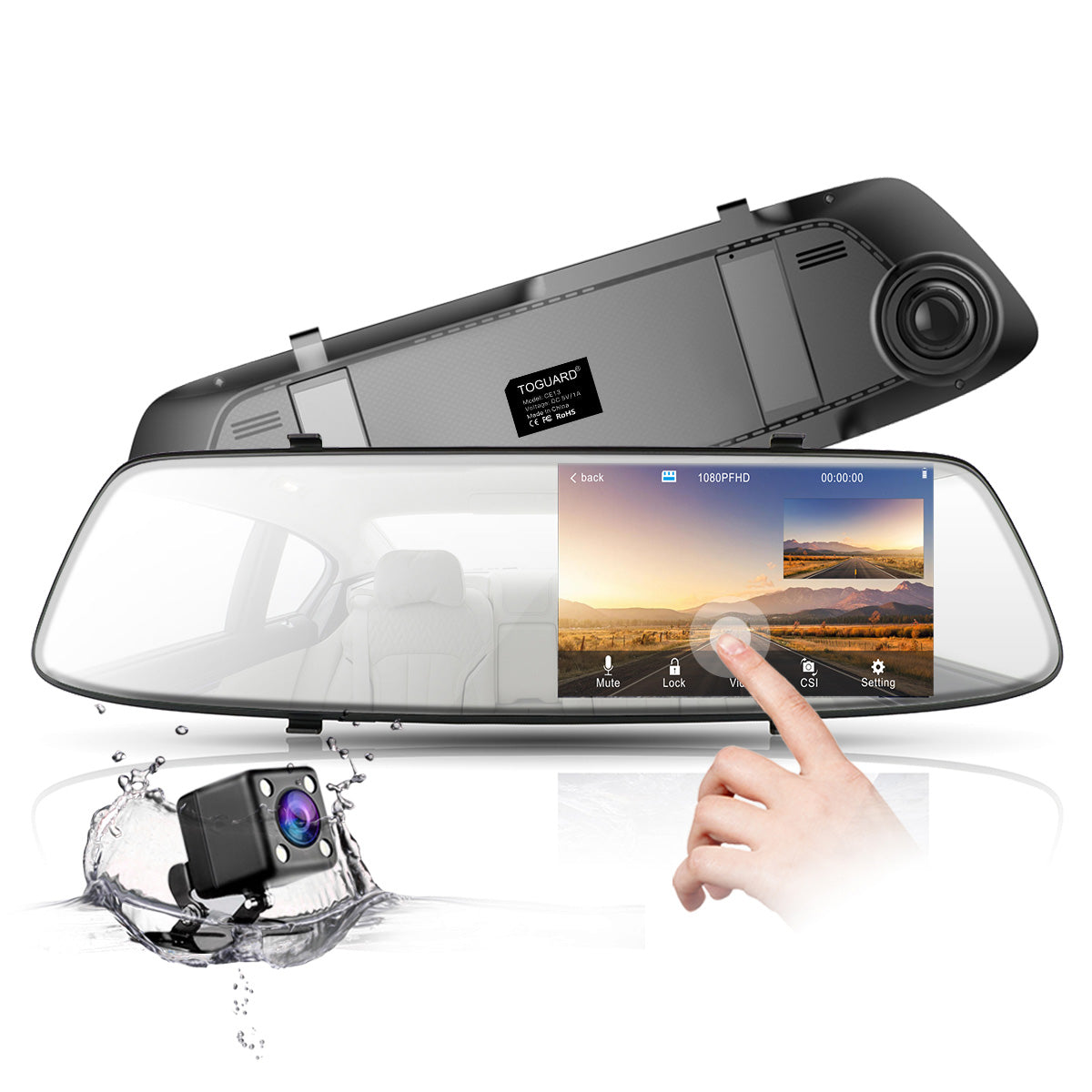 Campark CE13 1080P Front and Rear Mirror Dash Cam with 4.3'' IPS Full Touch Screen