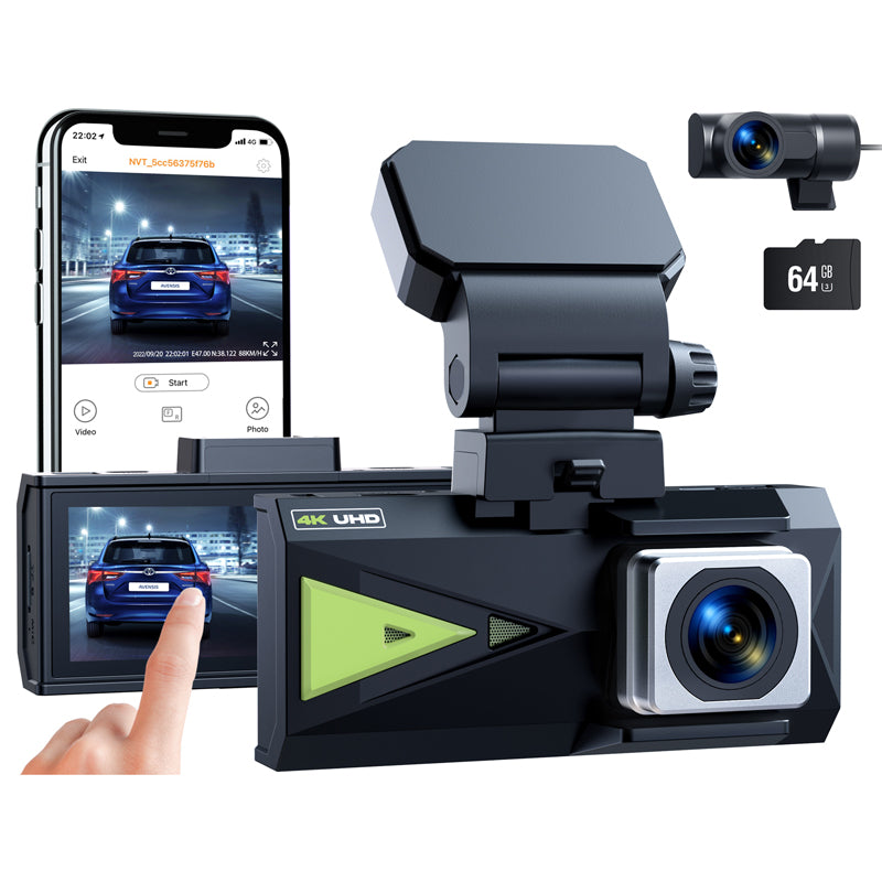 Campark DC15 4K+ 2K Front and Rear Dash Camera for Cars Built in WiFi GPS with 3.16" Touch Screen, 64GB Memory Card （Sold only in Europe and Canada）
