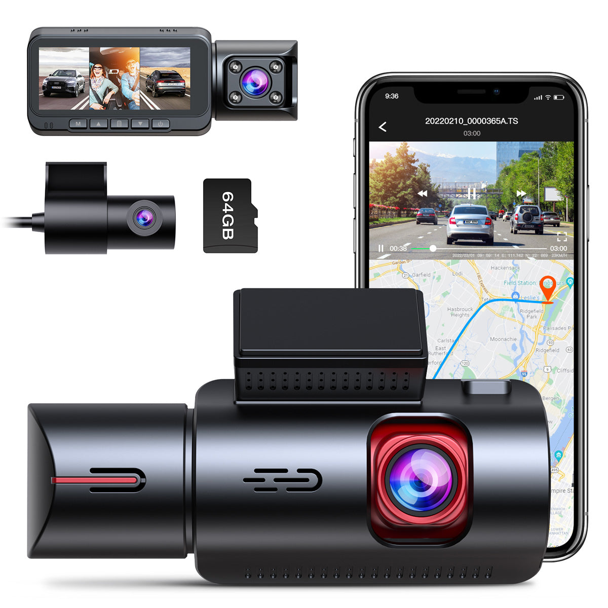 Campark CE66A/DC14 3 Way 4K WIFI Dash Camera With 64GB Memory Card(Out of stock in Canada)