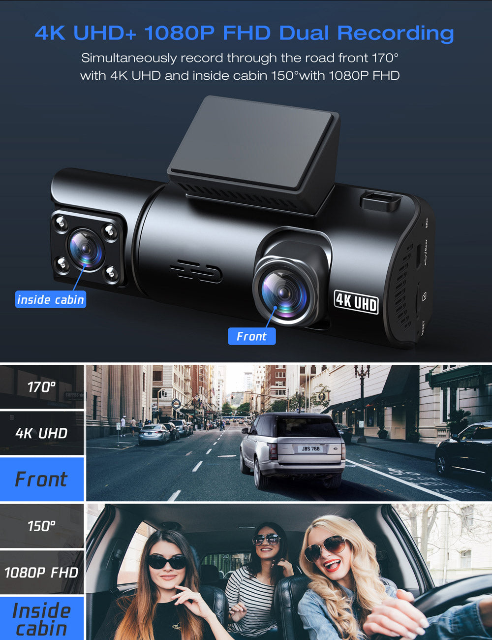 Dash Cam Caméra de tableau de bord Dual 4K avec GPS WiFi, caméra