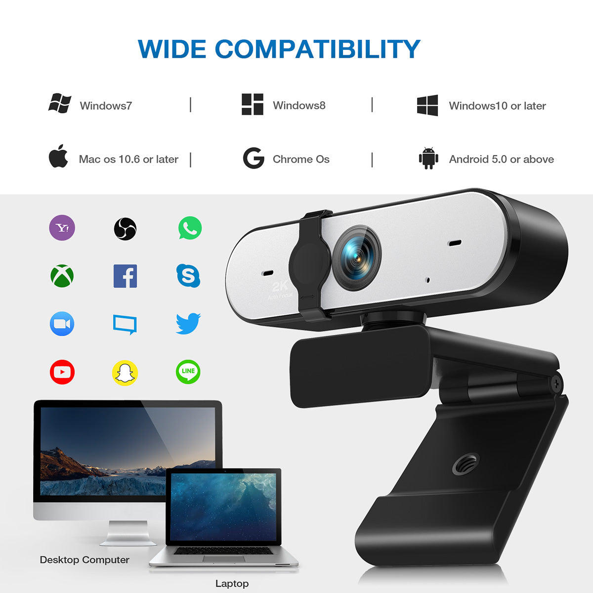 Webcam USB 2K 2560x1440 Avec Micro Réduction Bruit - Plug & Play, Mise Au Point Automatique | Pour Visioconférence, Streaming, Cours En Ligne
