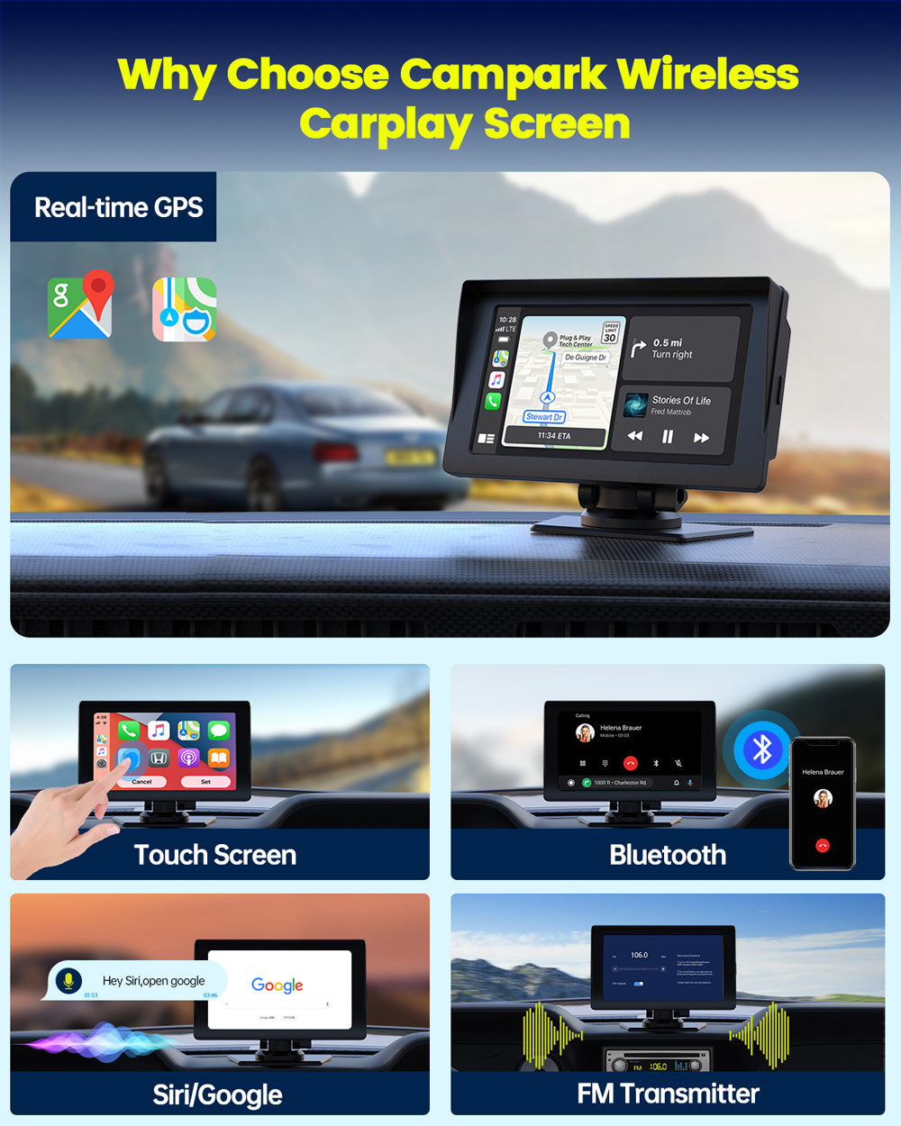 Campark RC04 7'' Wireless Car Receiver for Carplay/Android Auto