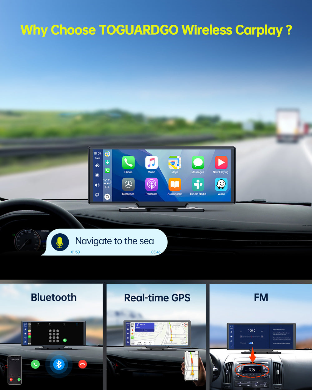 Campark RC06 10'' Touchscreen Wireless Apple Carplay Car Stereo