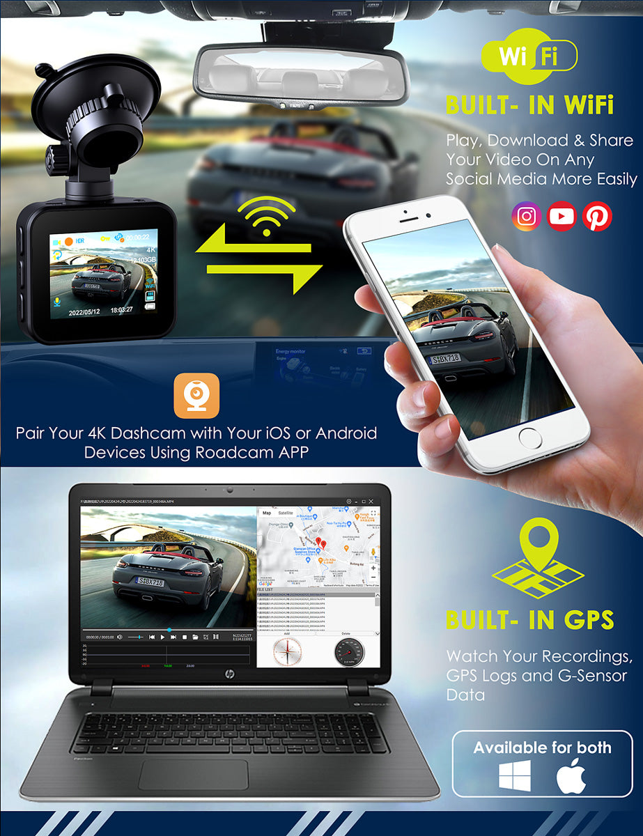 4K Dash Cam WiFi GPS,4K+1080P Front and Rear, Car Dash Camera