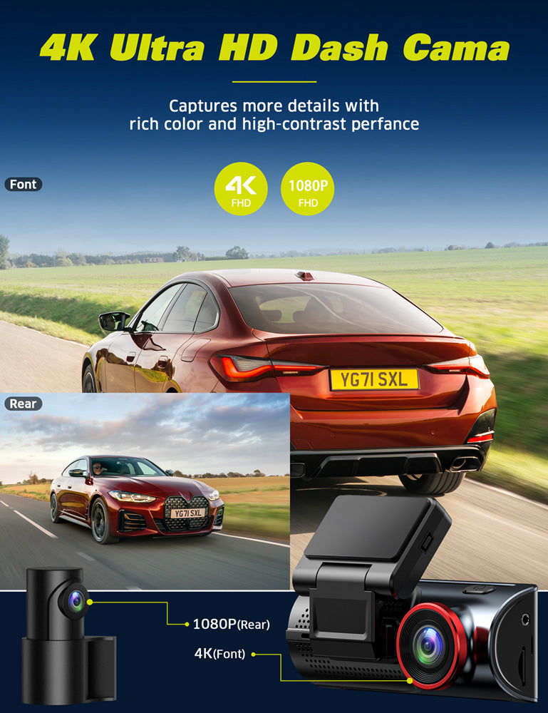 Campark C350 4K+1080P WIFI Front And Rear USB Charging Dash Cam With 3.16"  IPS Touchscreen