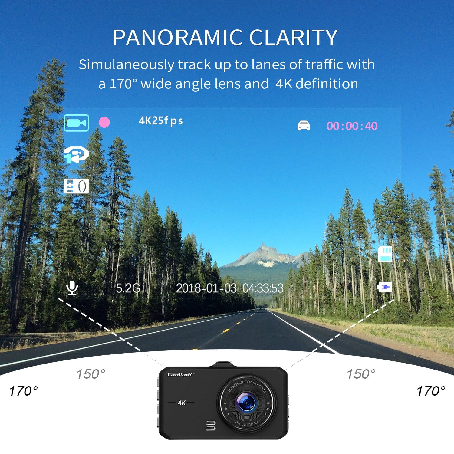 Campark DC10 Dash Camera has a 170° wide angle lens 