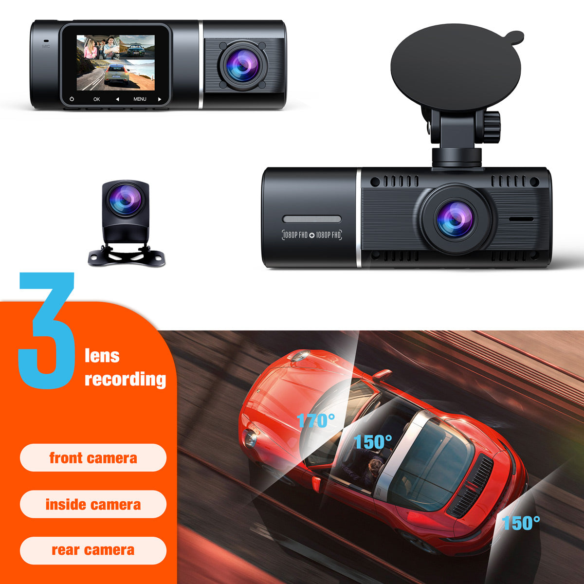 Kaufe 3-Kanal-Dashcam vorne und hinten innen, 1080P-Dash-Kamera für Autos,  Dashcam-Drei-Wege-Autokamera mit IR-Nachtsicht, Loop-Aufnahme, G-Sensor,  Parki