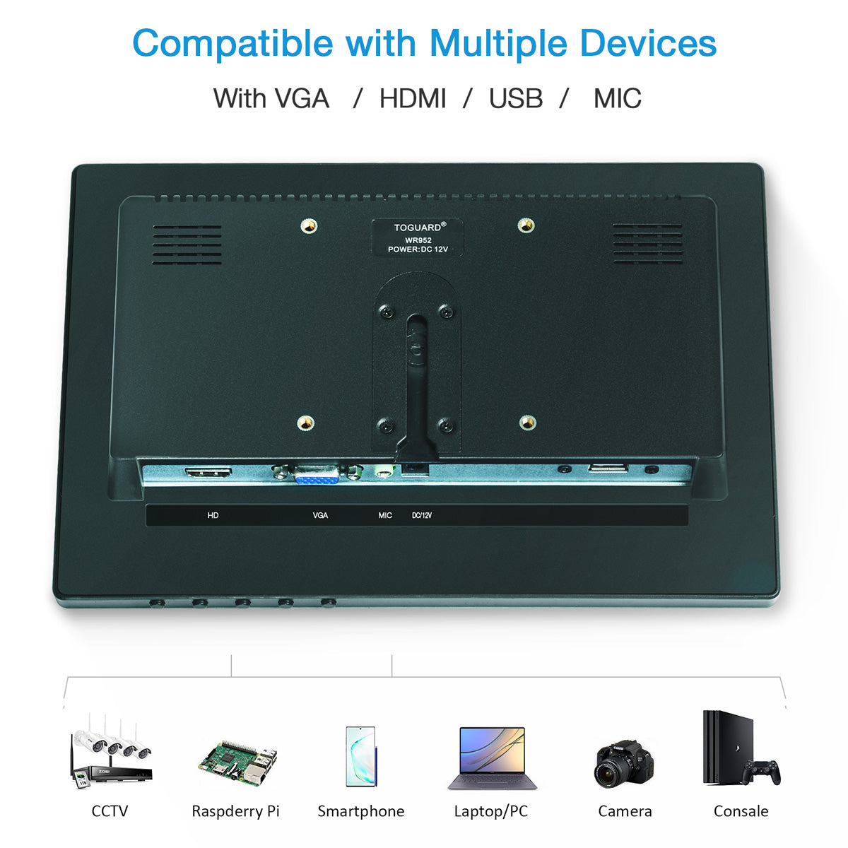 Campark WR953 10,1" HD 1280x800 IPS Touchscreen-Monitor mit VGA/HDMI/USB für Sicherheit/DashCam