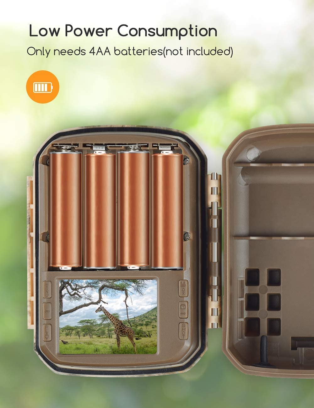 The Campark T21 Trail camera has a long battery life with only 4AA batteries.
