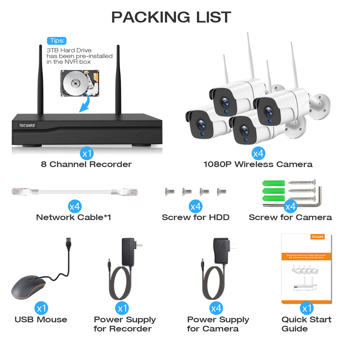 Campark W300 4Pcs 1080P WiFi Security Camera System With 3TB Hard Drive（Only available in the UK）
