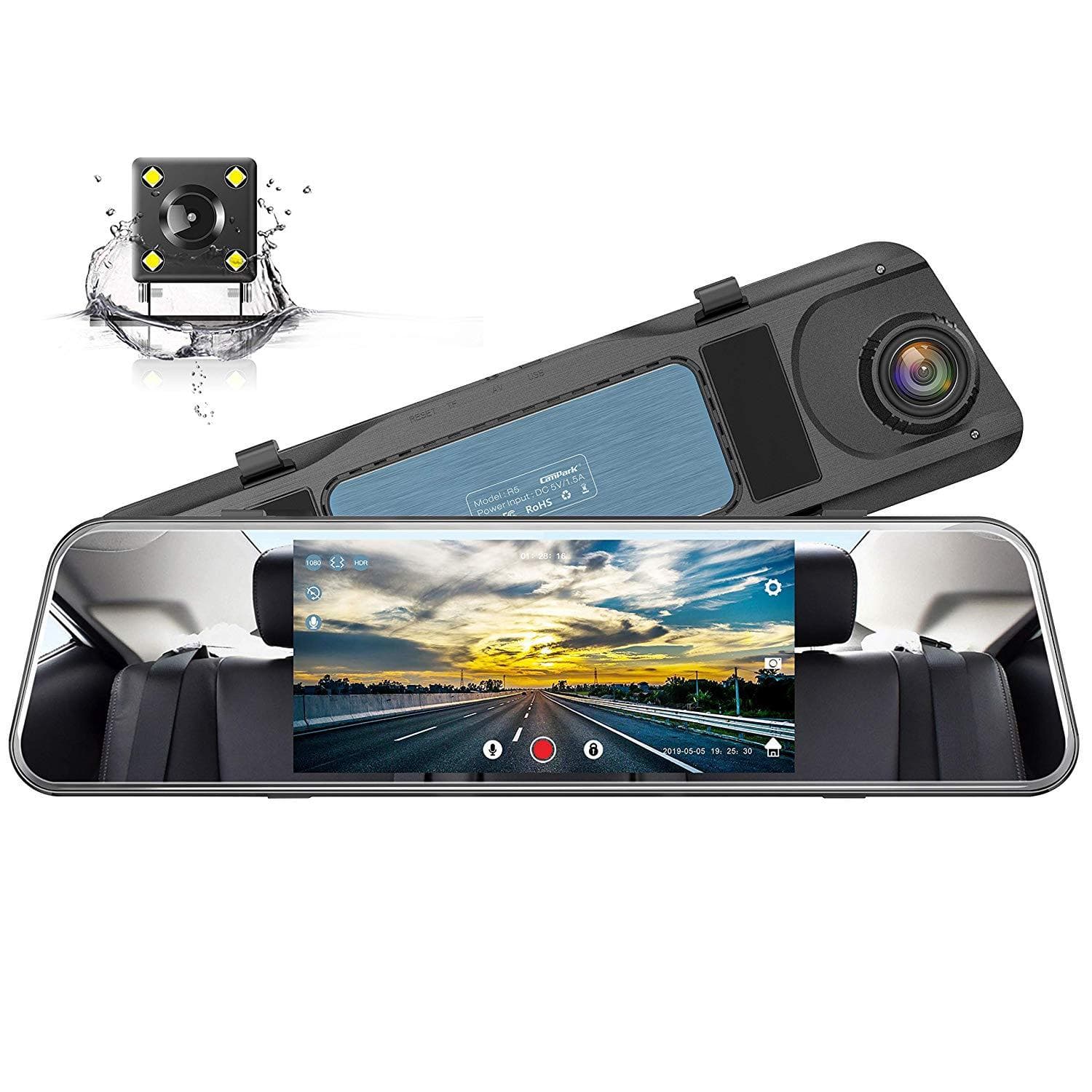 Campark R5 ビデオ ストリーミング バックミラー デュアル 1080P タッチ スクリーン ダッシュ カムとバックアップ カメラ