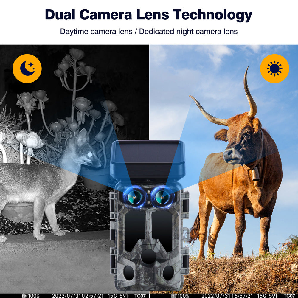 Campark TC07 4K 60MP WiFi Solar Power Dual Lens Wildlife Camera Trail Camera, The Highest-Definition & Performance Game Cam