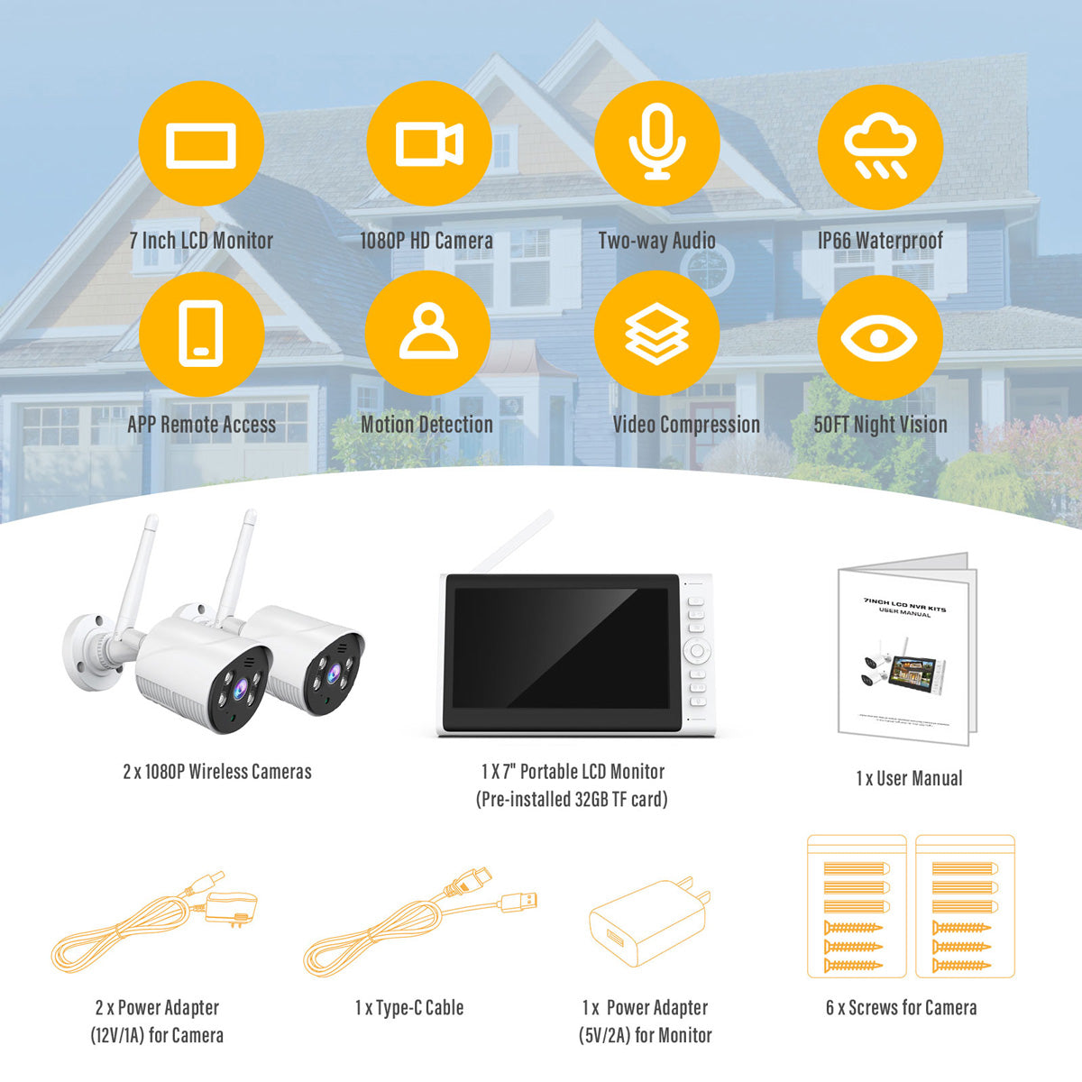 Campark SC01 1080P 2PCS Wireless Security Camera with 7" LCD Monitor And 32GB SD Card (Only Available In The US)
