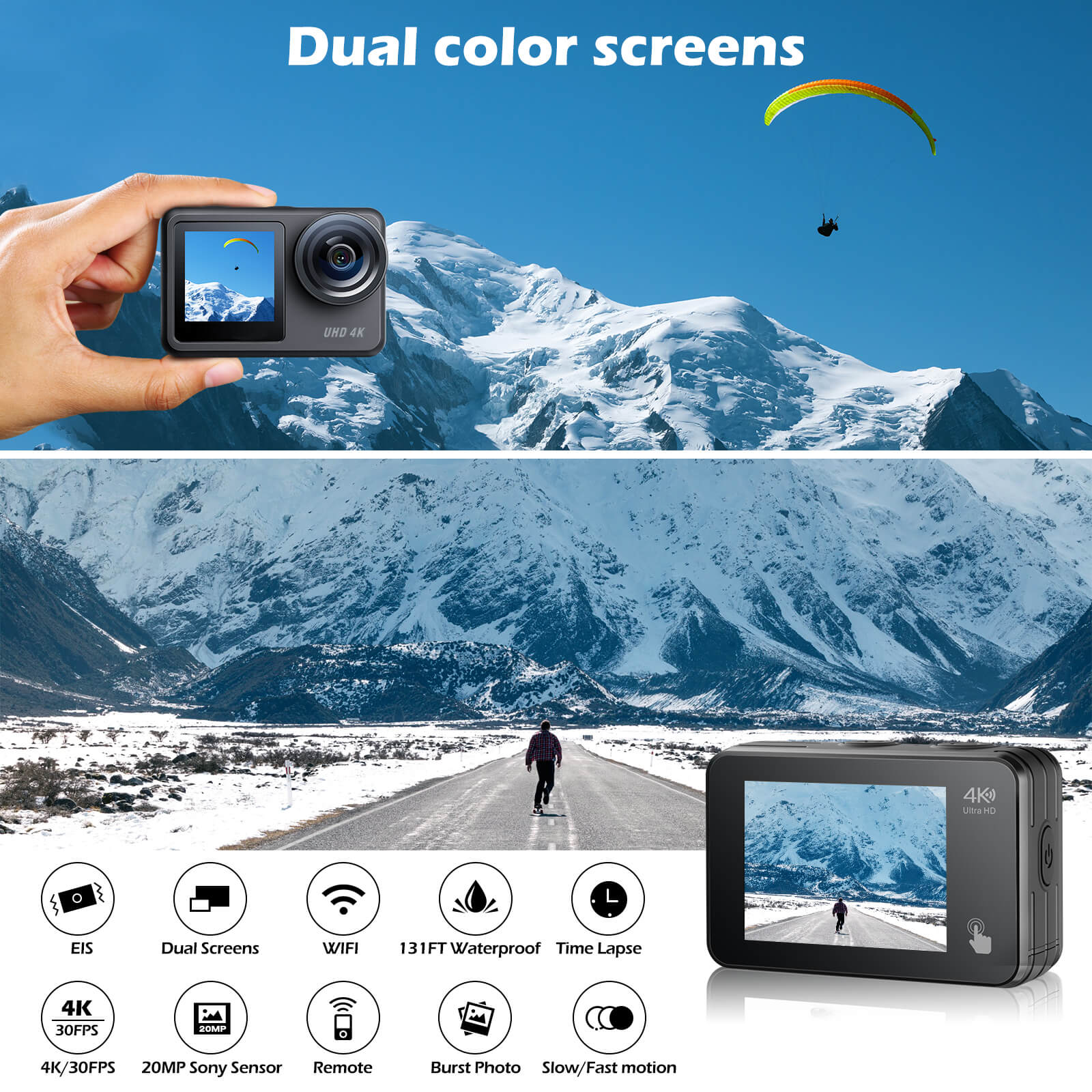 Campark V40 4K/30FPS WiFi Dual Screen Action Camera 20MP Touch Screen 40M Waterproof Camera